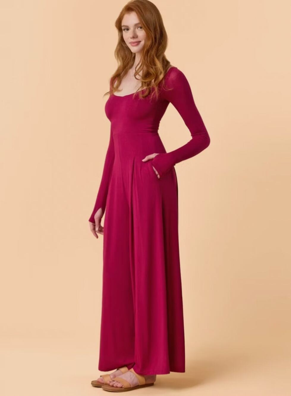 NWT Blogilates Cascade V-Neck Burgundy Wide Leg Jumpsuit Long Sleeve Athletic XS